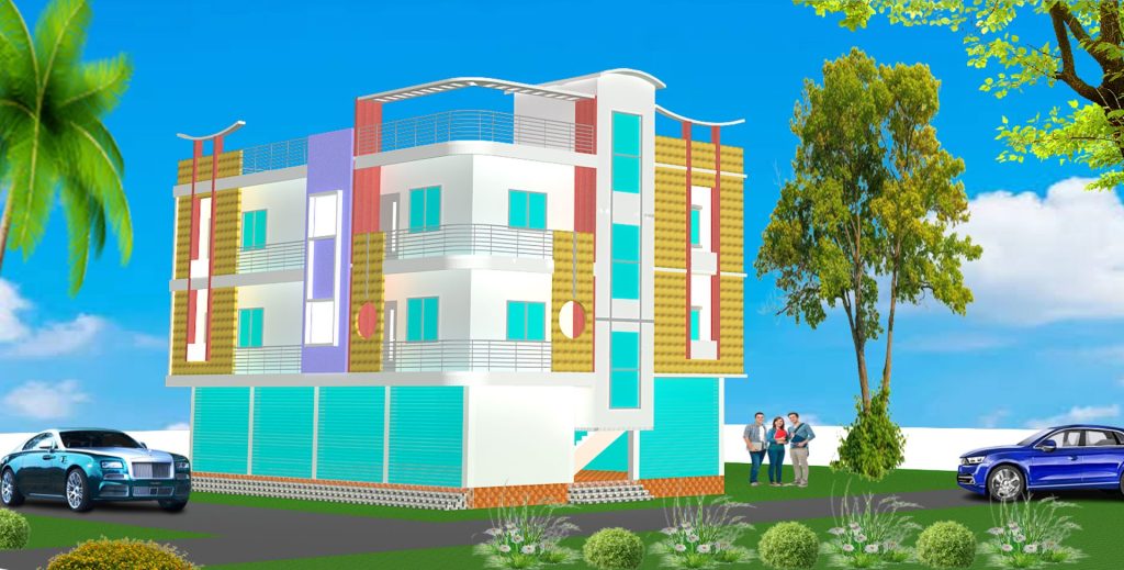 A beautiful 3D V-Ray rendered house image. Photo of a 3D building with a very good color combination in the exterior. Unique view of a home with modern design.