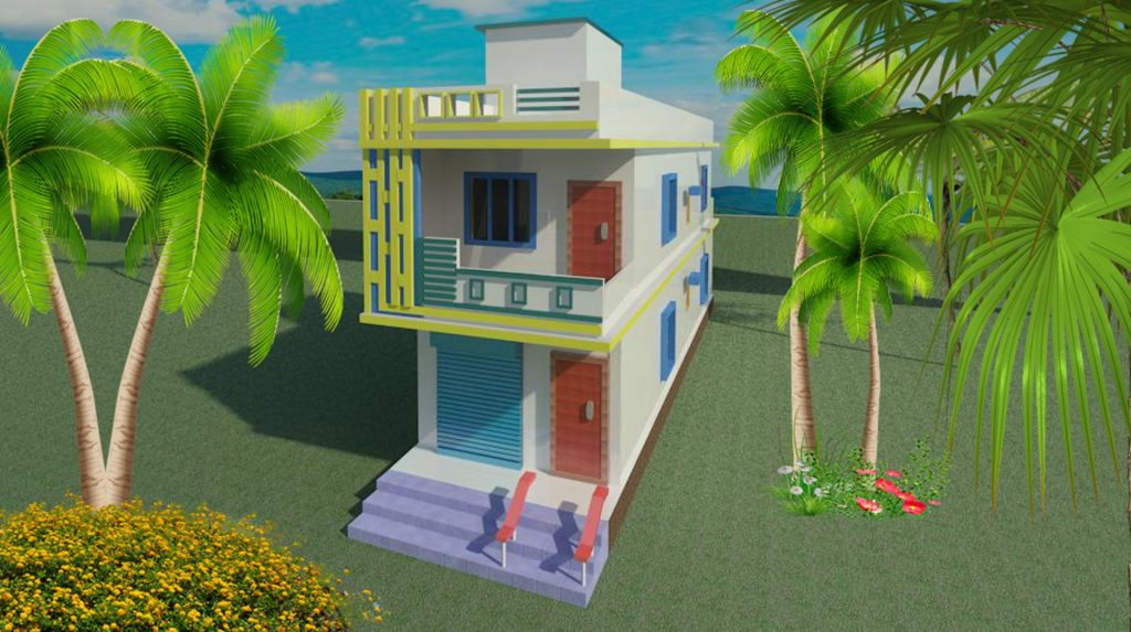 A 3D small home image with a nice color combination. Beautiful house with blue sky background. Photo of a good-looking building.