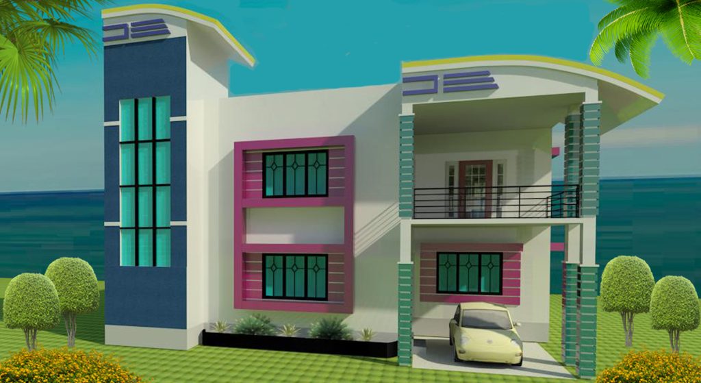 A very beautiful house in 3D with modern architectural design. A cute home with cute combination of colors.