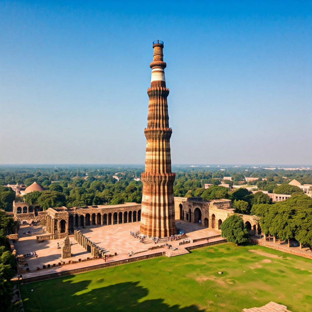 A very beautiful view of Qutub Minar with green nature. This image captures the stunning beauty of Qutub Minar, one of India’s most famous monuments in Delhi. This image perfectly highlights the grandeur of Qutub Minar, a true symbol of Delhi’s heritage.
