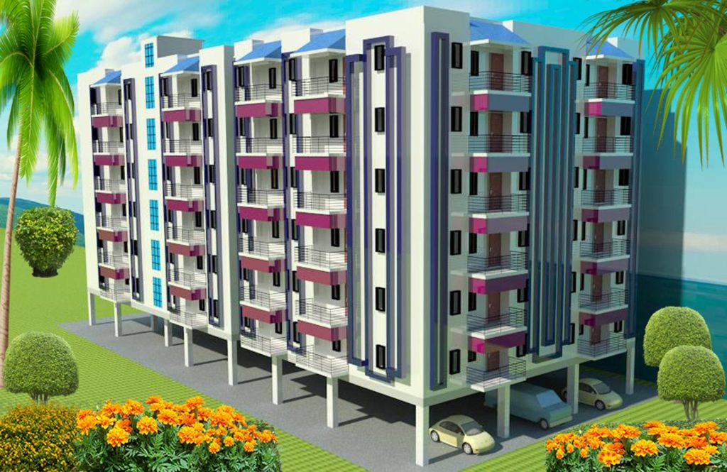 Image of a 3D apartment building with a very beautiful view and color combination. Photo of a 3D building with a unique exterior design.