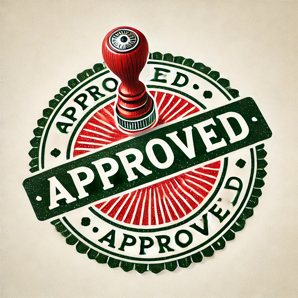 Round-shaped stamp featuring the word 'Approved' in bold, centered text, ideal for official documents and validation marks. A clear and good-looking stamp in a round shape design.