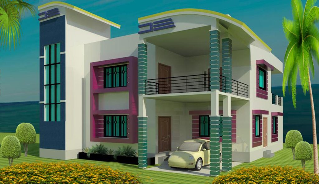 Beautiful home with beautiful exterior design. Good-looking house with good color combination. A unique building image. Architectural view of a 3D building.