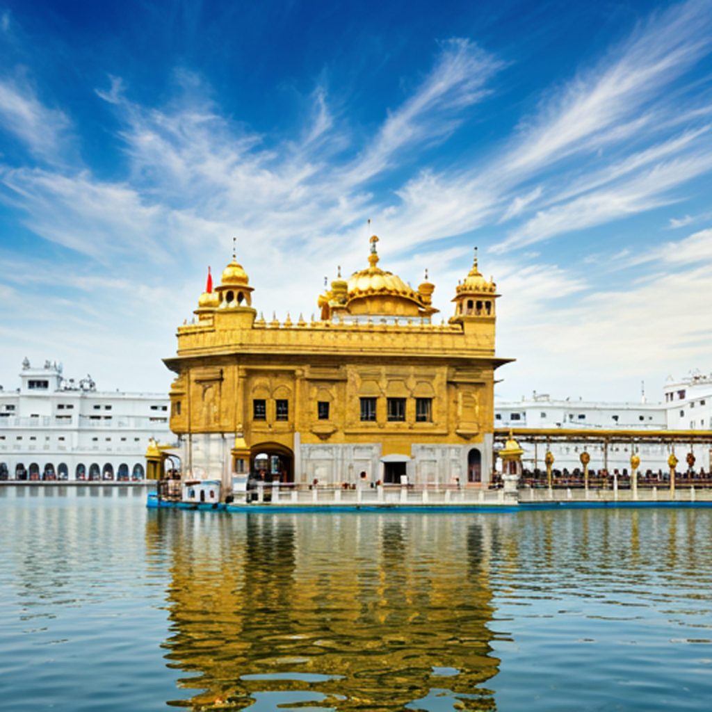 The Golden Temple in Amritsar, India, shines bright with its golden walls. It is surrounded by a peaceful water pool and is an important place for the Sikh religion. A nice picture of the Golden Temple.