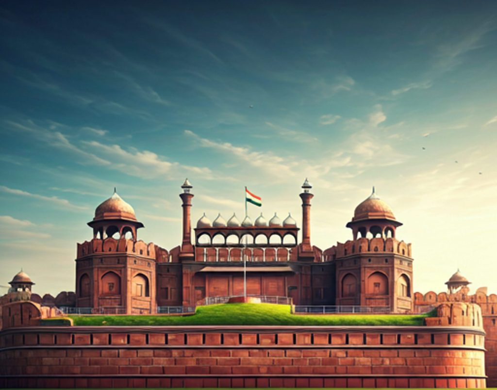 A very beautiful and high-quality image of the Red Fort. The Red Fort is a historical building in Delhi, India. It is a heritage of India. It is made of red sandstone and has high walls, big gates, and lovely gardens. The Mughal emperor Shah Jahan built it in 1648.