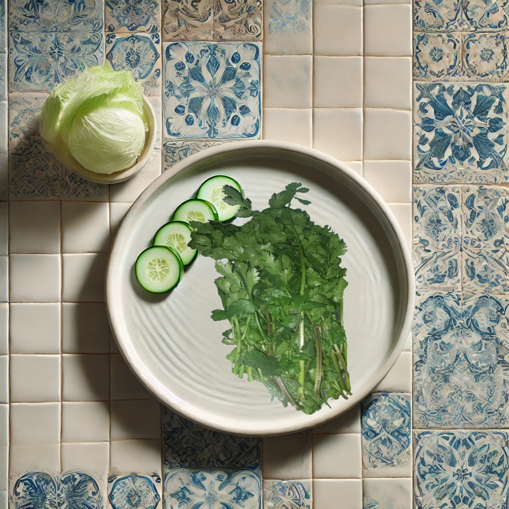A unique picture of vegetables. Beautiful image of dish with cabbage, cucumber, and coriander. Photo of vegetables.