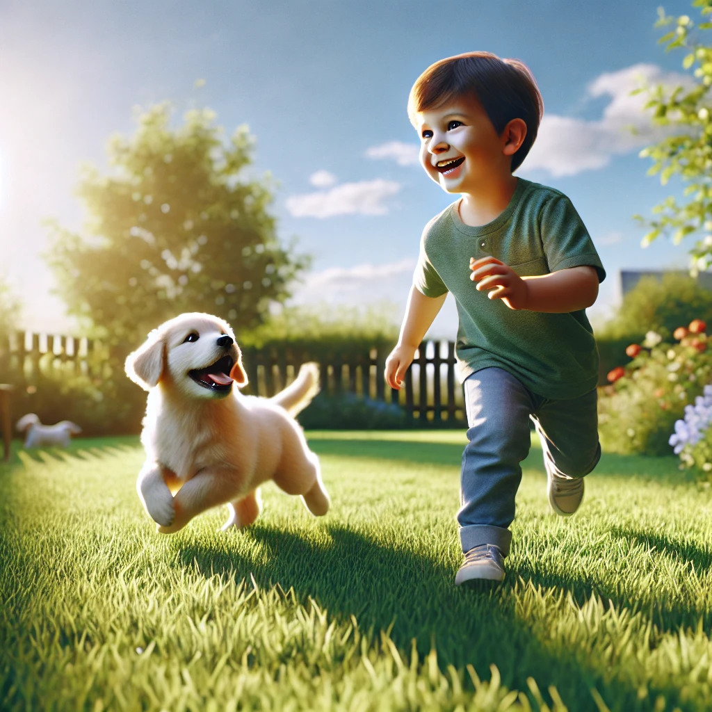 A cute picture of a kid and a dog. A beautiful image of a little kid playing happily with a dog. The dog is friendly and playful, and they are having fun together. It’s a sweet moment full of joy and friendship.