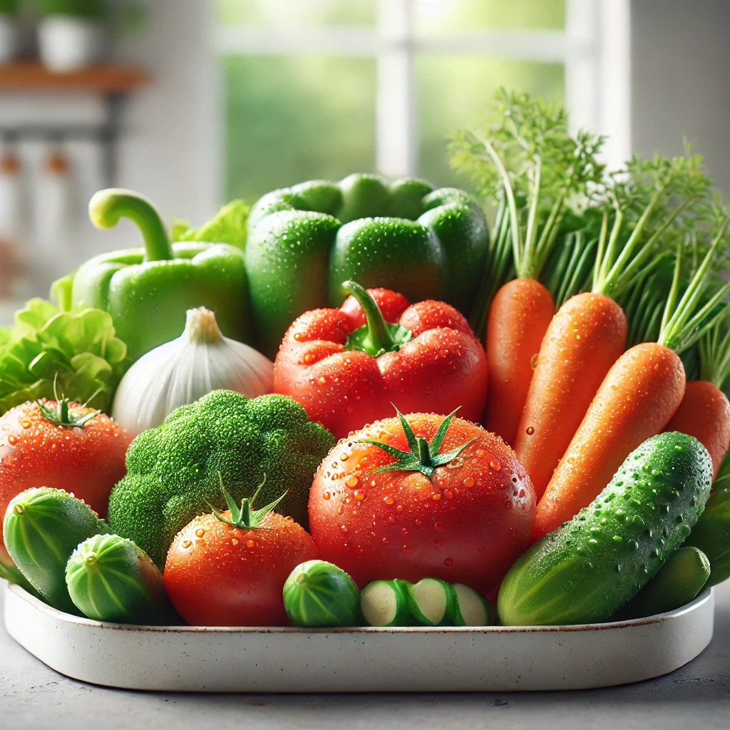 A nice picture of vegetables on a dish. High-quality image of vegetables. Indian vegetables—tomato, cucumber, carrot, capsicum, etc.